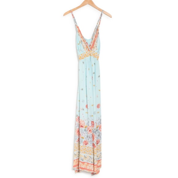 ONE LEFT Light Blue V-Neck Floral Crisscross Back Boho Maxi Dress - Picture 2 of 2